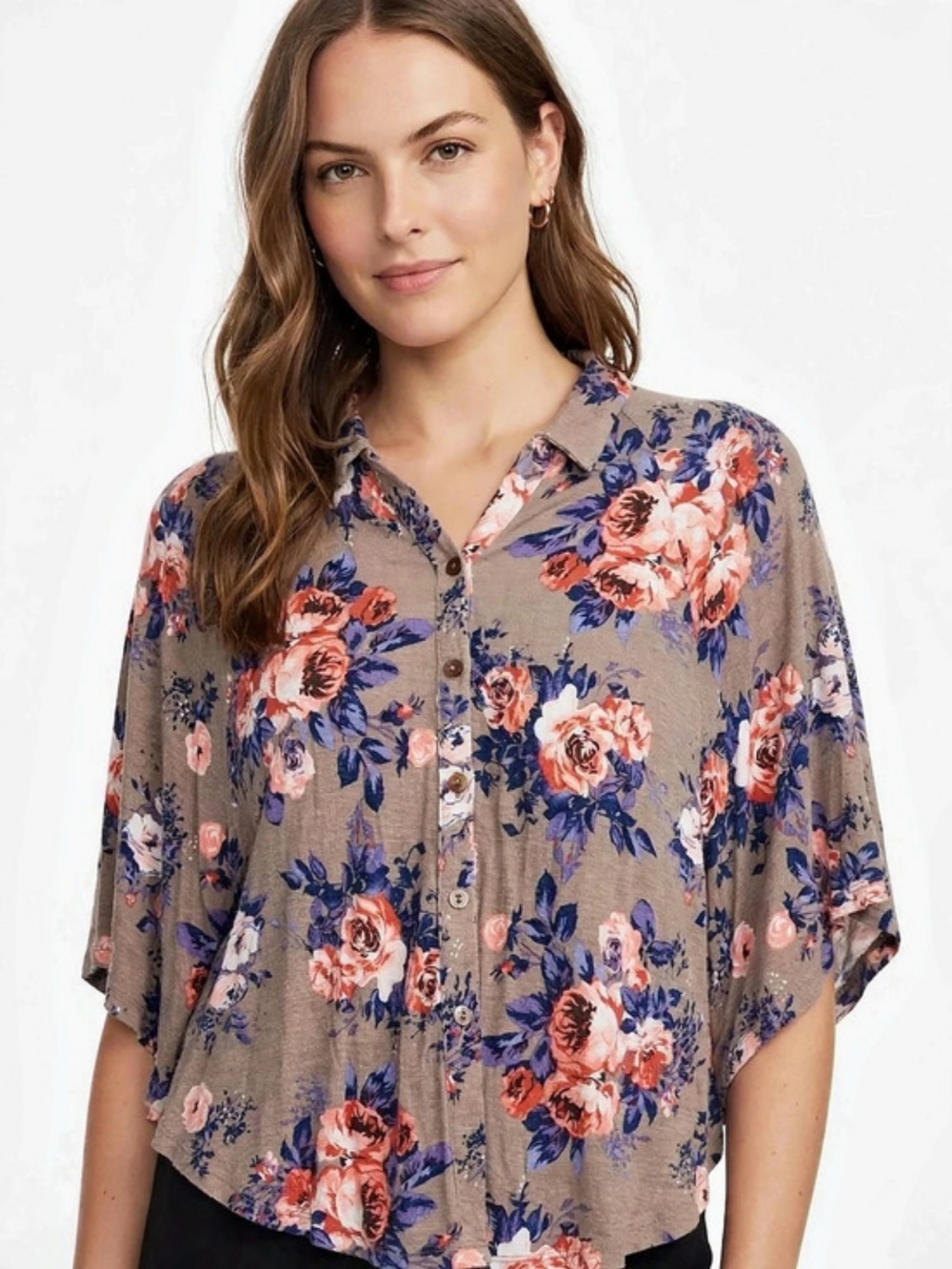 Rue 21 Floral Dolman/Batwing Button Down Blouse in Brown & Pink Sz Large